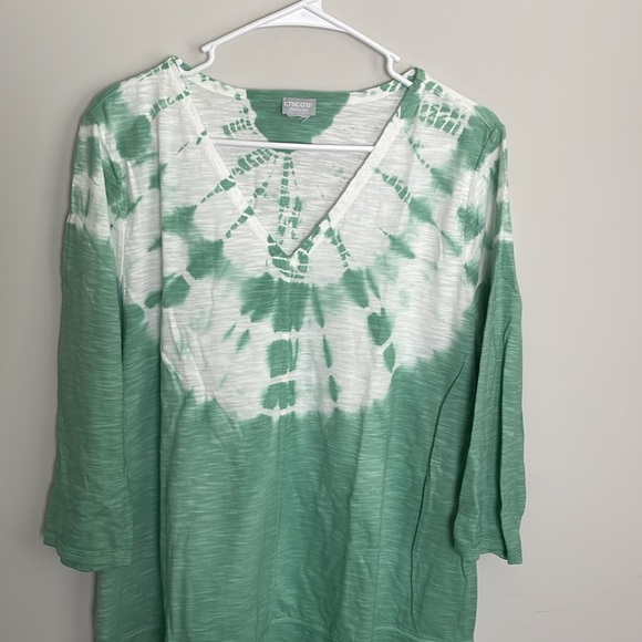 Chico’s Green & White 3/4 Sleeve V-Neck Tie Dye Marble Wash Hem Slit Tunic- L - Picture 12 of 13
